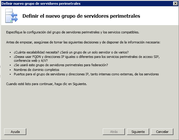 Cuadro de diálogo Definir el nuevo grupo de servidores perimetrales