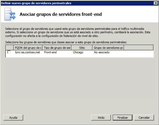 Cuadro de diálogo Asociar grupos de servidores front-end
