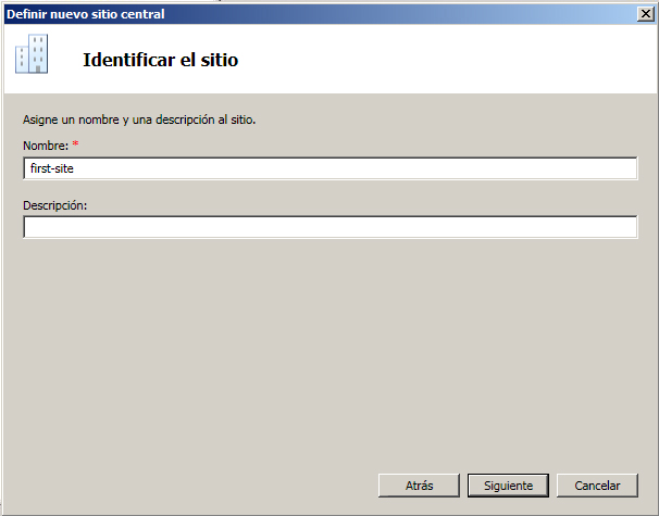 Cuadro de diálogo Definir el primer sitio