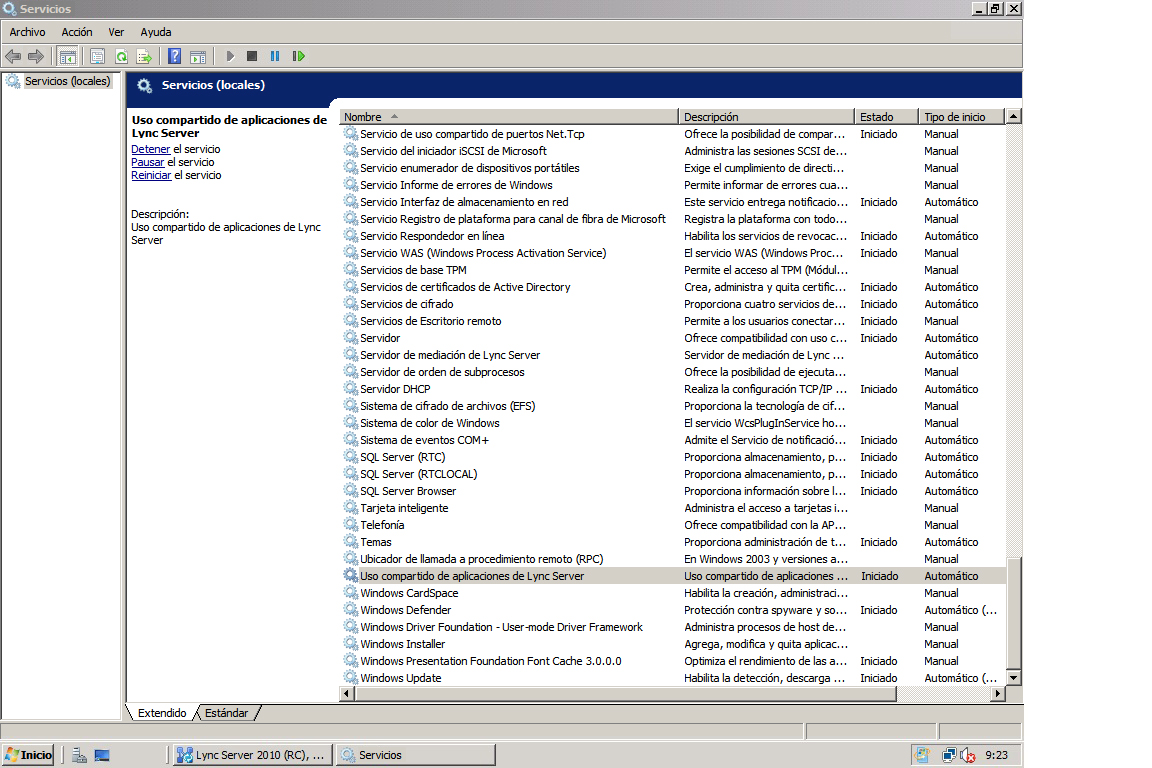 Cuadro de diálogo Servicios iniciados de Lync Server