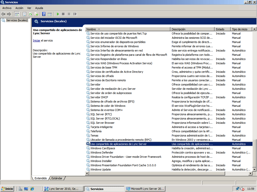 Servicio iniciado de Lync Server