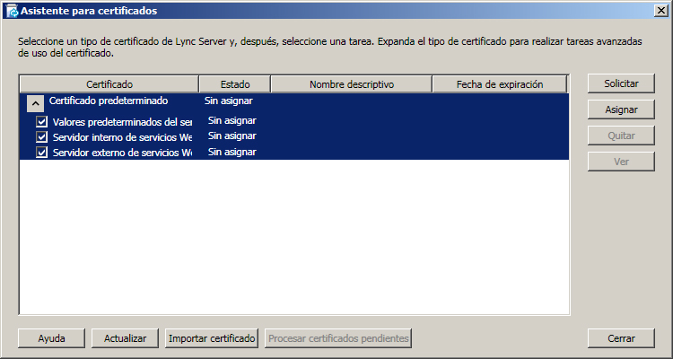 Cuadro de diálogo Asistente para certificados