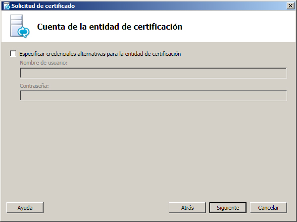 Cuadro de diálogo Cuenta de la entidad de certificación