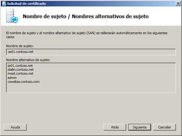 Cuadro de diálogo Nombre de sujeto/Nombres alternativos de sujeto