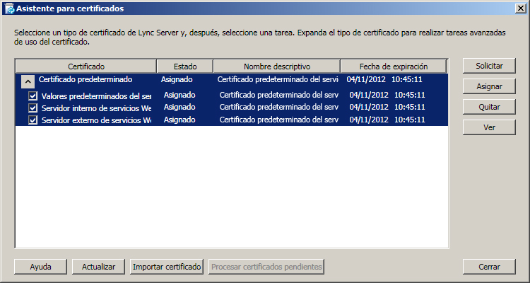 Cuadro de diálogo Asistente para certificados