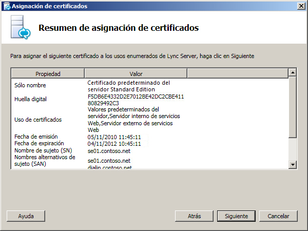 Cuadro de diálogo Resumen de asignación de certificados