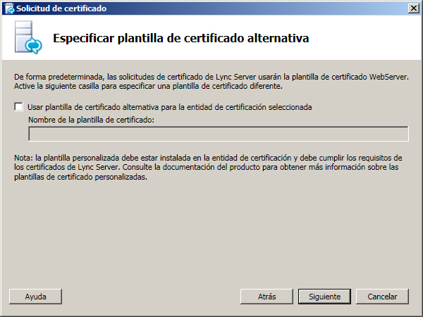 Cuadro de diálogo Especificar plantilla de certificado alternativa