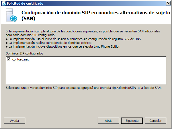 Cuadro de diálogo Configuración de dominio SIP en nombres alternativos de sujeto (SAN)