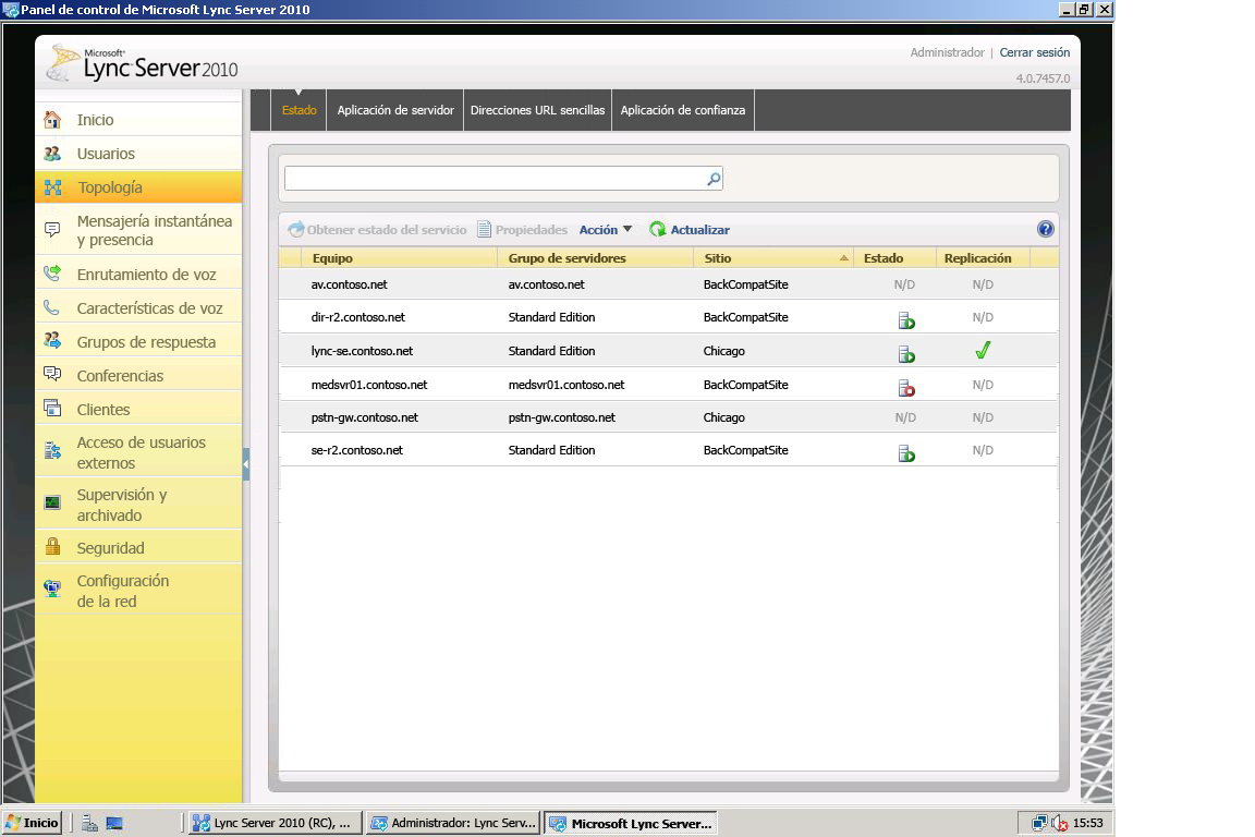 Página Topología del Panel de control de Lync Server