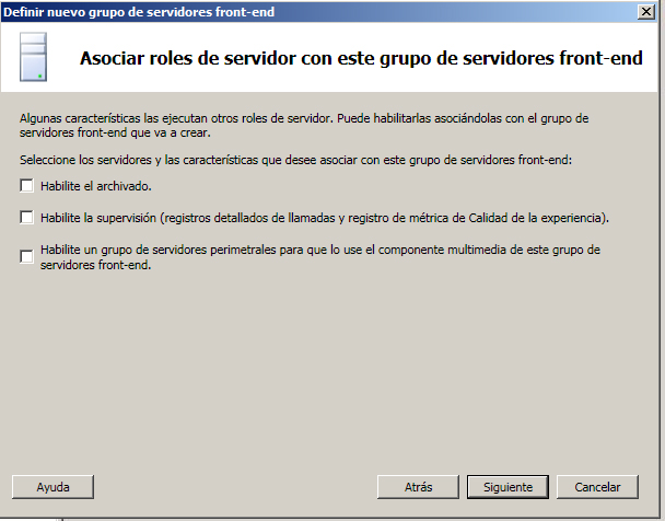 Cuadro de diálogo Asociar roles de servidor con este grupo de servidores front-end