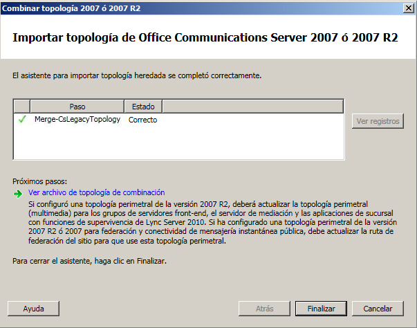 Combinar topologías - Cuadro de diálogo Estado de la importación
