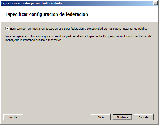 Cuadro de diálogo Especificar configuración de federación