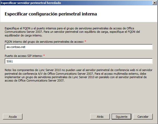 Cuadro de diálogo Especificar configuración de servidor perimetral interno