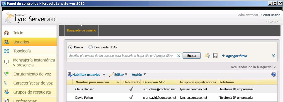 Panel de control de Lync Server - Página Búsqueda de usuarios