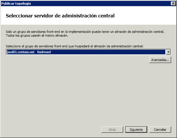 Seleccionar el servidor de administración central del Generador de topologías