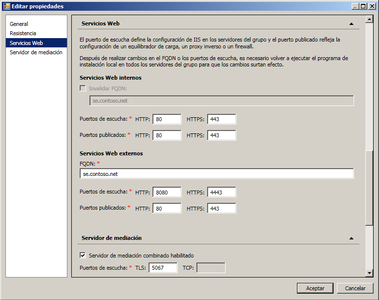 Editar configuración de grupo de servicios web