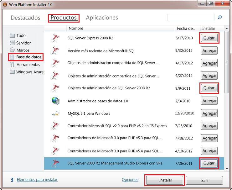 Instalación de SQL Express con WebPI en la Administración de servicios