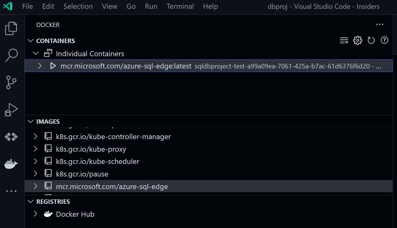 Captura de pantalla del uso de la extensión de Docker para explorar el emulador de Azure SQL Database.