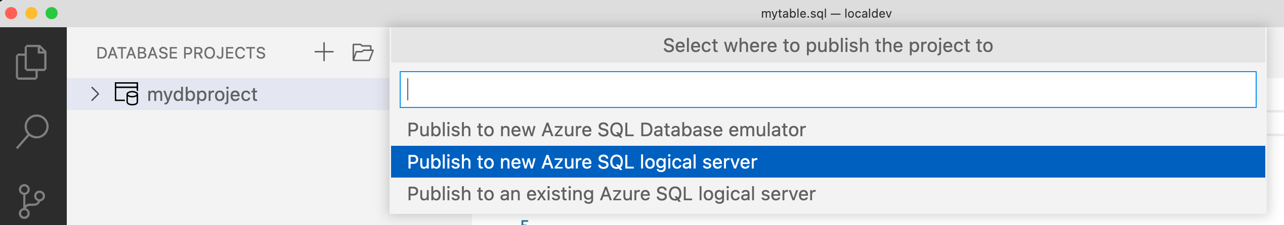 Captura de pantalla de la publicación de un Proyecto de base de datos en Azure SQL Database.