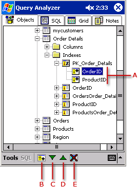 Captura de pantalla del Analizador de consultas con vista de claves de índice