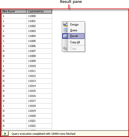 Diseñador de consultas DMX de Analysis Services, vista de resultados