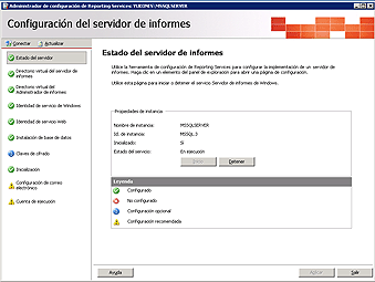 Página de inicio de configuración de Reporting Services