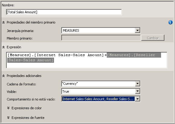 Panel de expresiones de cálculo rellenado