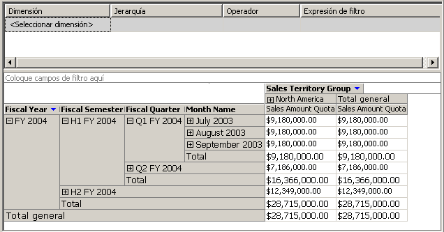 Grupo de medida Sales Quota con dimensiones correctas