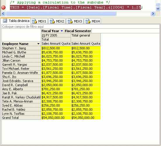 Panel Datos en el que se muestran los valores de Sales Amount Quota