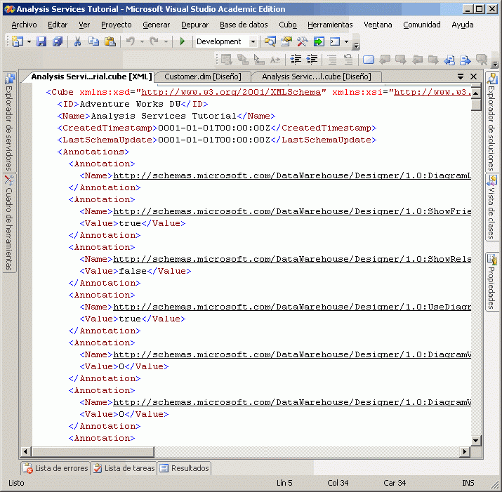 Código XML del cubo Tutorial de Analysis Services