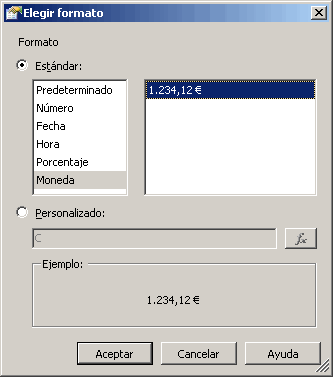 Cuadro de diálogo Elegir formato (moneda)