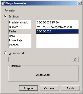 Cuadro de diálogo Elegir formato (fecha)