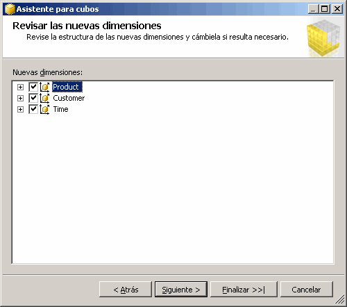 Asistente para cubos: revisar las nuevas dimensiones