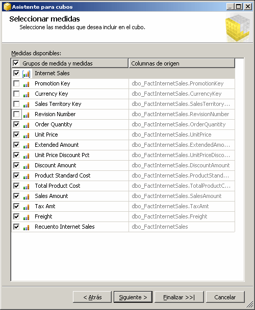 Asistente para cubos: seleccionar medidas