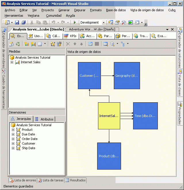 Cubo de Tutorial de Analysis Services en el Diseñador de cubos