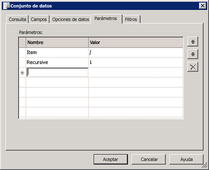 Captura de pantalla que muestra un conjunto de datos XML con parámetros