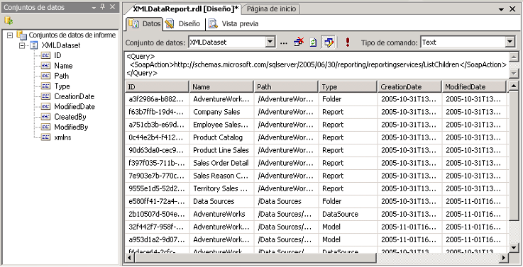 Captura de pantalla que muestra campos de un conjunto de datos y el resultado de una consulta