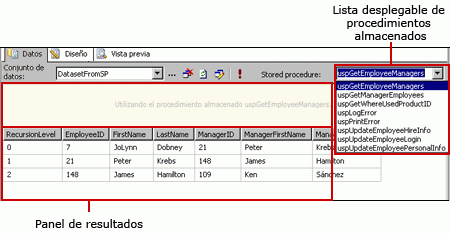 Diseñador de consultas SQL en una vista de procedimientos almacenados