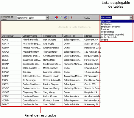 Diseñador de consultas SQL para el modo TableDirect