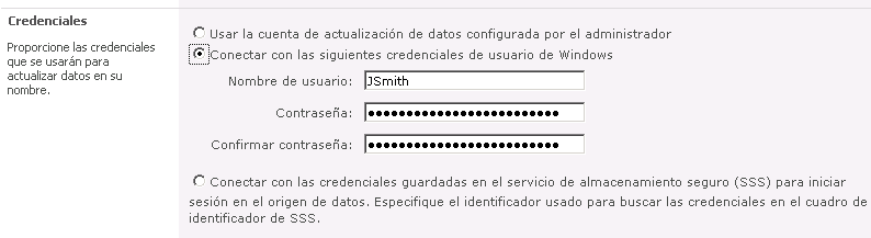 Sección de credenciales de la página Configurar la actualización de datos