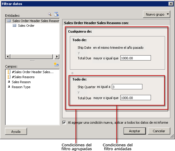 Filtrar datos con condiciones agrupadas