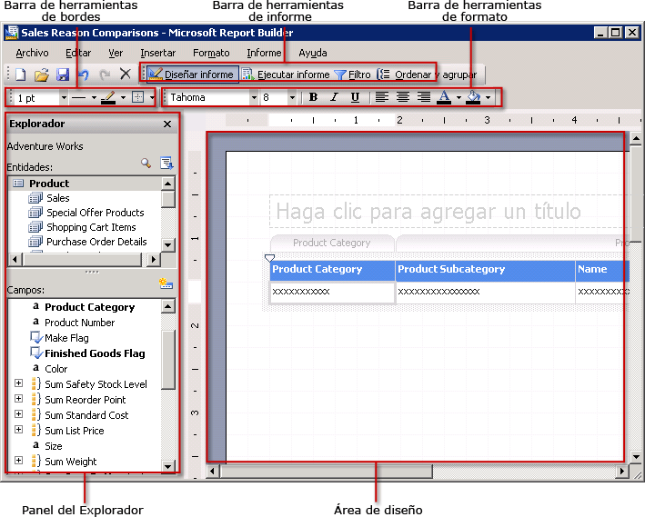 Ventana del Generador de informes con modelo abierto