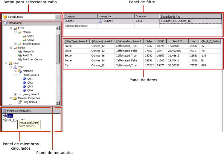 Diseñador de consultas para el origen de datos de Hyperion Essbase