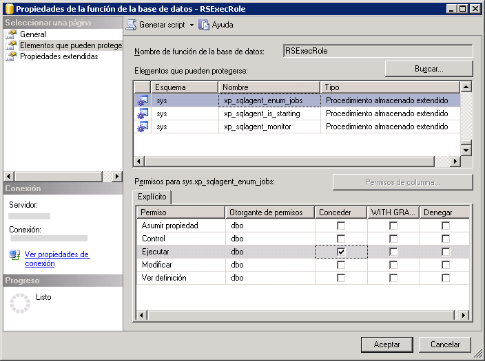 Página Propiedades del rol de la base de datos