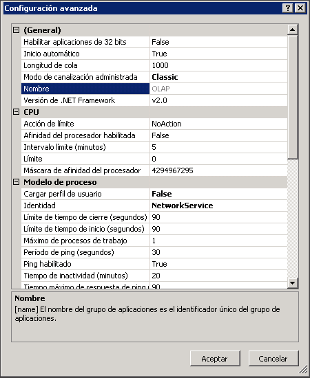 Captura de pantalla de la página de propiedades Configuración avanzada