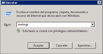 Captura de pantalla de un comando de ejecución con el ejecutable de inetmgr