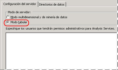 Página de instalación con opciones de configuración de Analysis Services