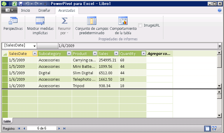 Pestaña Opciones avanzadas en la ventana PowerPivot