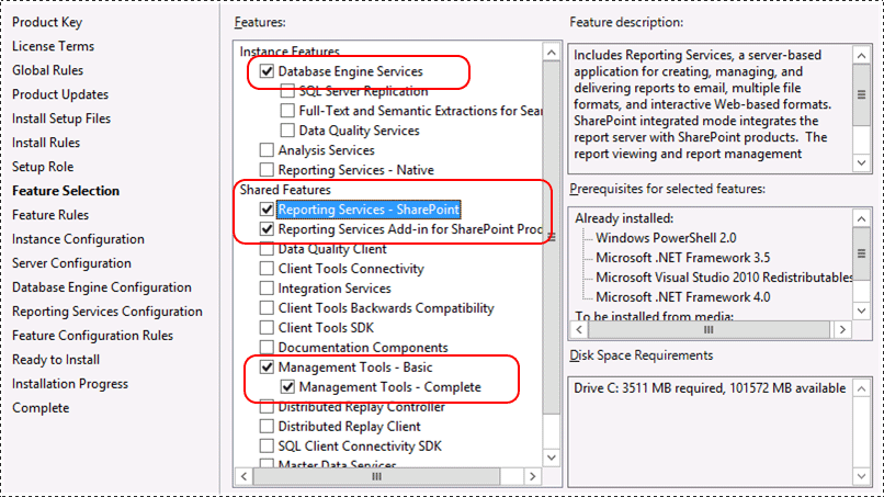 Selección de características de SSRS para el modo de SharePoint