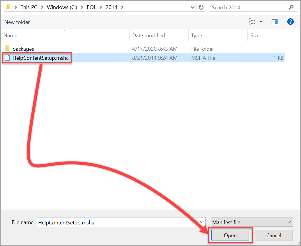 Abrir el archivo Setup.msha del contenido de Ayuda de SQL Server 2014